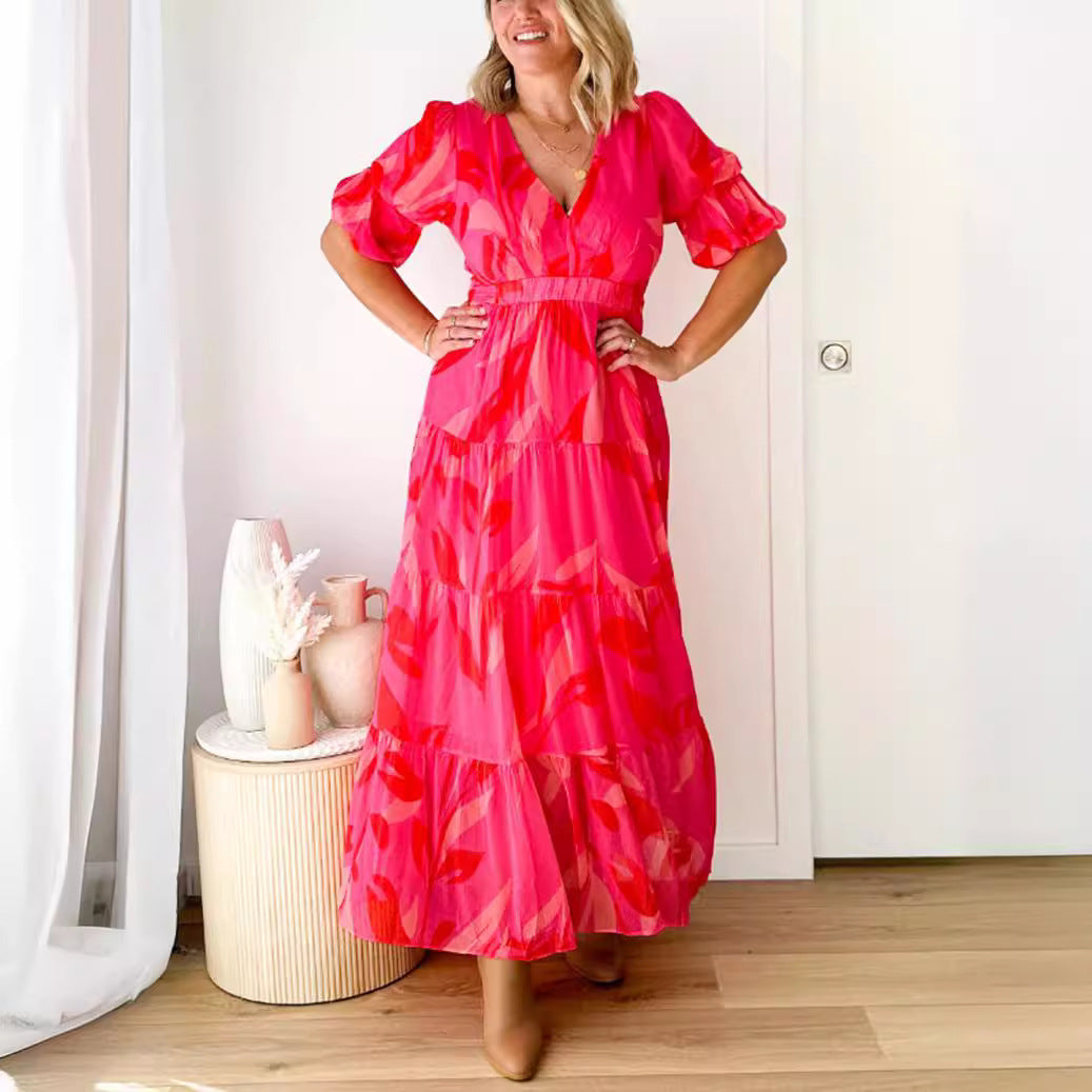 Damen nan ausgestelltes Maxikleid mit V-Ausschnitt, elastischer Unterbrustnaht und gestuftem Rock Drune