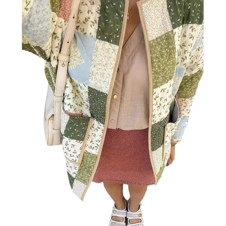 Damen Patchwork Steppjacke mit floralem Design und sichtbarer Knopfleiste Drune