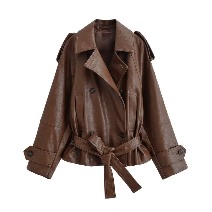 Damen Kurz geschnittener Kunstleder-Trenchcoat mit Bindegürtel und doppelreihiger Knopfleiste Drune