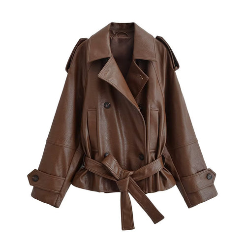 Damen Kurz geschnittener Kunstleder-Trenchcoat mit Bindegürtel und doppelreihiger Knopfleiste Drune