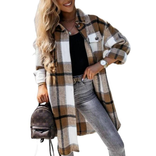 Damen Kariertes Overshirt mit knöpfbarem Design und aufgesetzten Taschen Drune