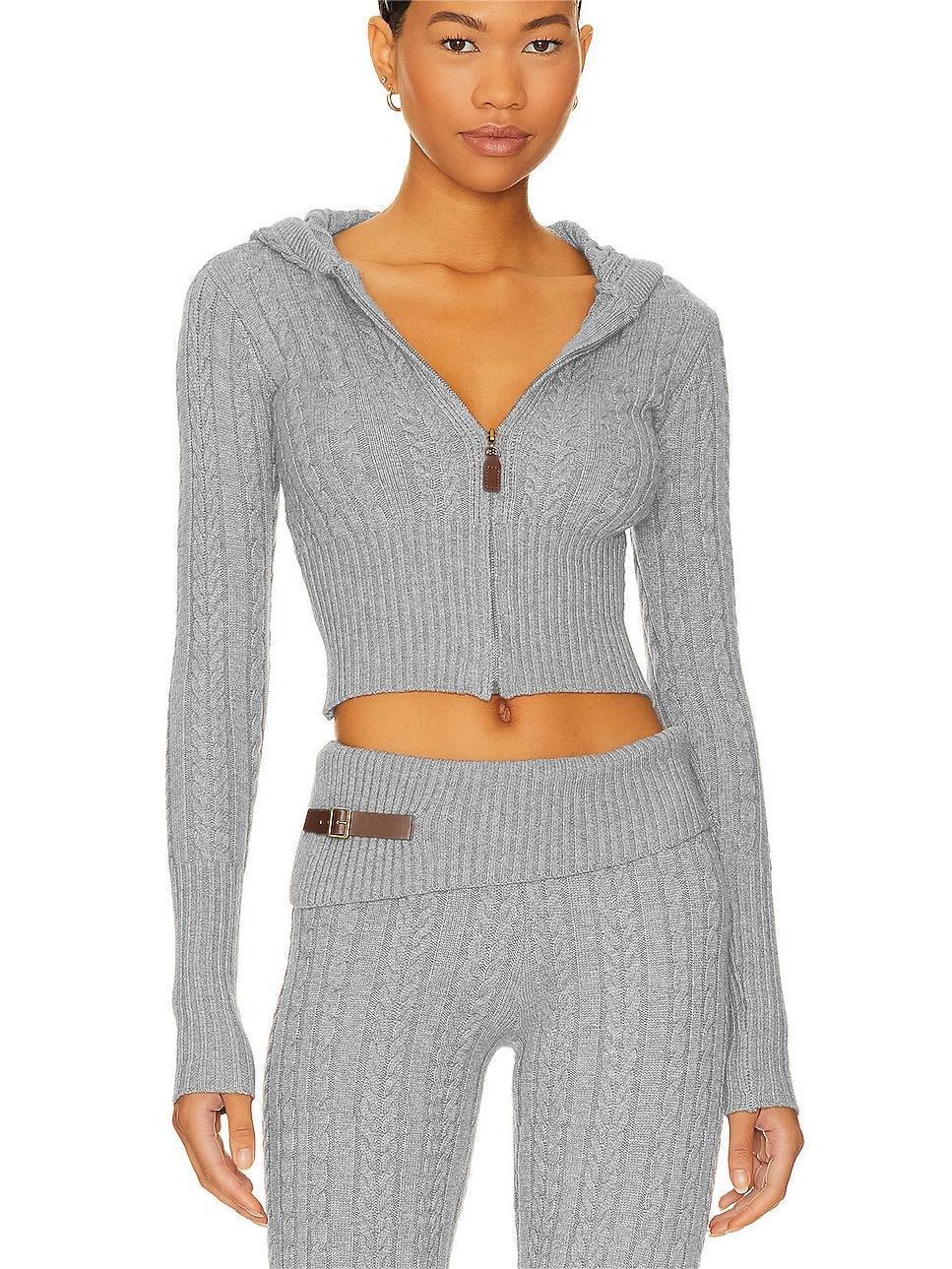 Damen Cropped Strickjacke mit Kapuze und hohem Kragen Drune