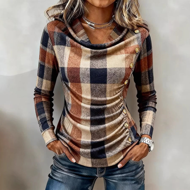 Damen Kariertes Langarm-Feinstrickshirt mit Wasserfallkragen und Zierknopfleiste Drune