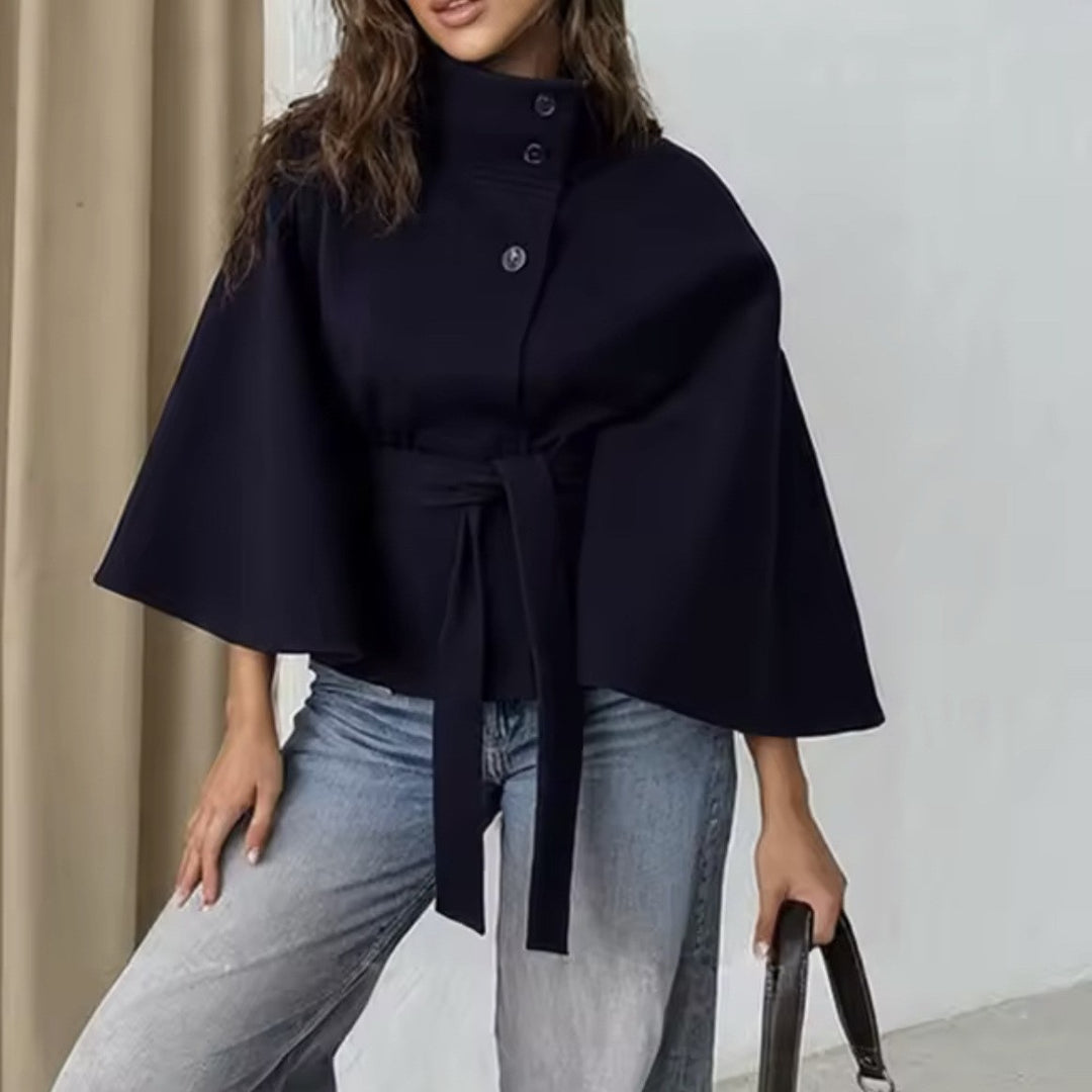 Damen elegante Übergangsjacke mit hohem Kragen und Bindegürtel Drune