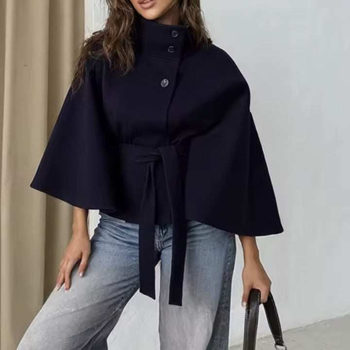 Damen elegante Übergangsjacke mit hohem Kragen und Bindegürtel Drune