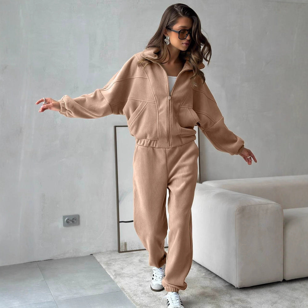Damen kurzes Reißverschluss-Hoodie mit elastischem Bund und schmal zulaufender High-Waist-Jogginghose aus schwerem French-Terry Drune
