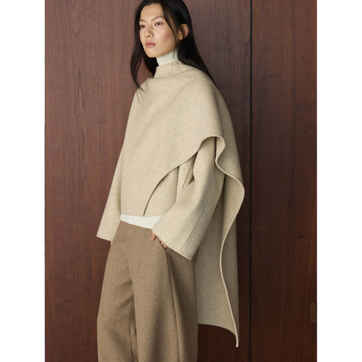 Damen Cape Mantel mit asymmetrischem Überwurf und Wollmix Drune