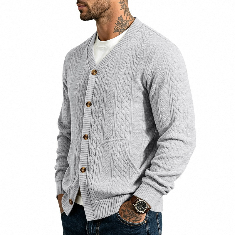 Herren Strukturierter Strickcardigan mit V-Ausschnitt und Zopfmuster Drune