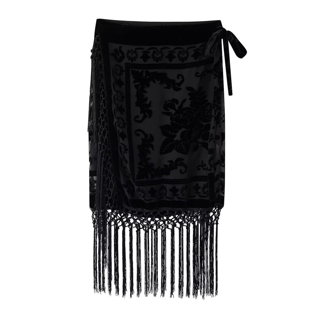 Damen Wickelrock mit eleganter Fransenverzierung und floralem Muster Drune