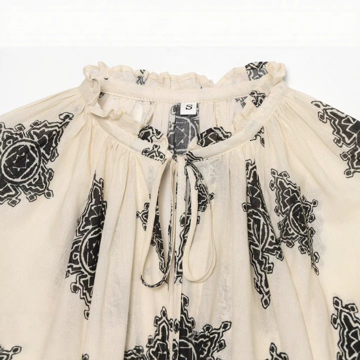 Damen Weite Boho-Bluse mit Rüschkragen, Tunnelzug und Ballonärmeln Drune
