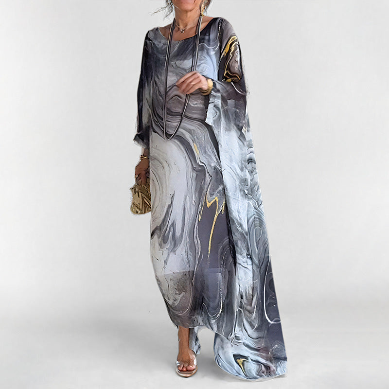 Damen Maxikleid mit elegantem Wasserfarbenmuster und weitem Schnitt Drune