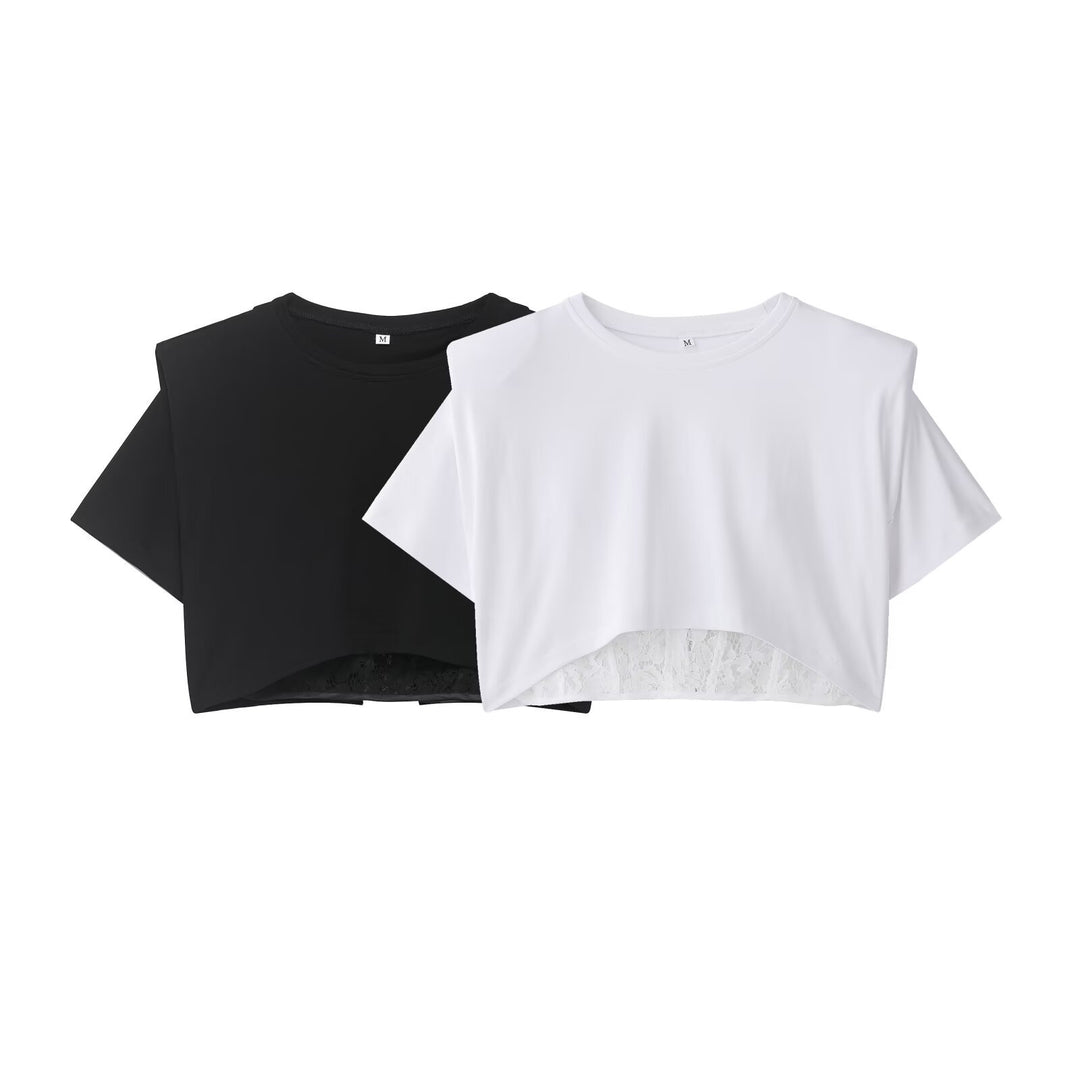 Damen Crop-T-Shirt mit eleganter Spitzenunterlage Drune