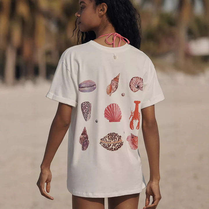 Damen lässiges T-Shirt mit maritimem Muschel-Print und lockerer Passform Drune