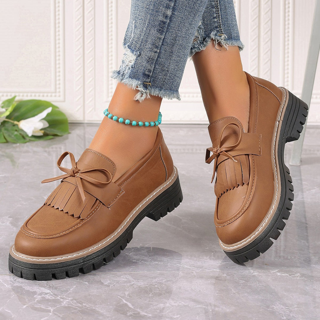Damen modische Fransen-Loafer mit dekorativer Schleife und grober Profilsohle Drune