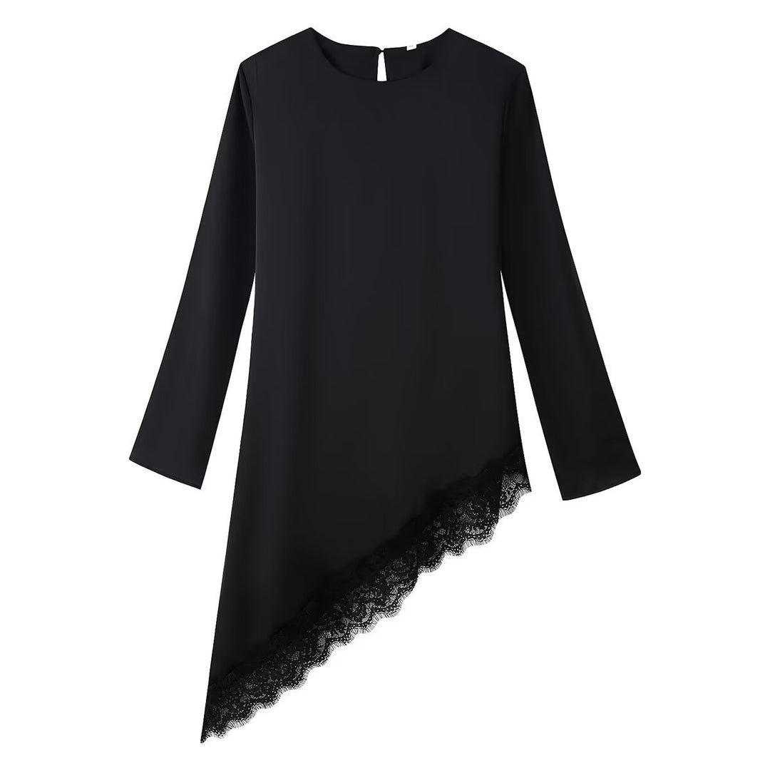 Damen Asymmetrische Tunika-Bluse mit Spitzenbesatz und weitem Ärmel Drune
