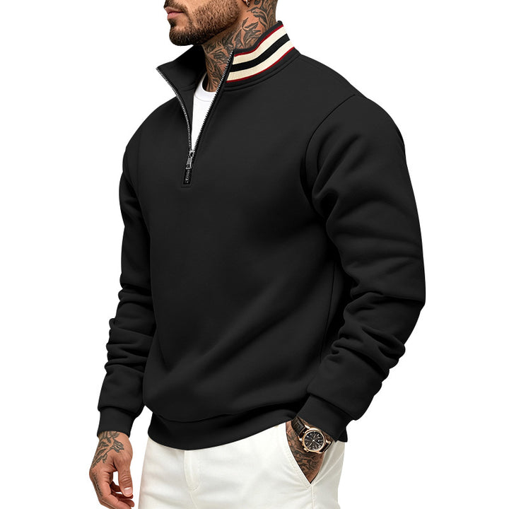 Herren Sweatpullover mit halbem Reißverschluss und gestreiftem Stehkragen Drune