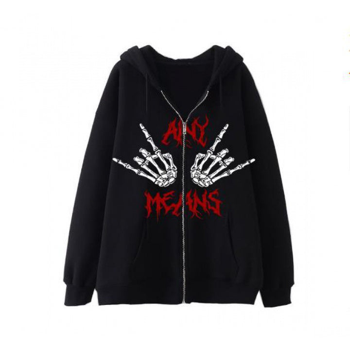 Damen Kapuzensweatshirt mit kreativem Skelettmotiv und praktischem Reißverschluss Drune