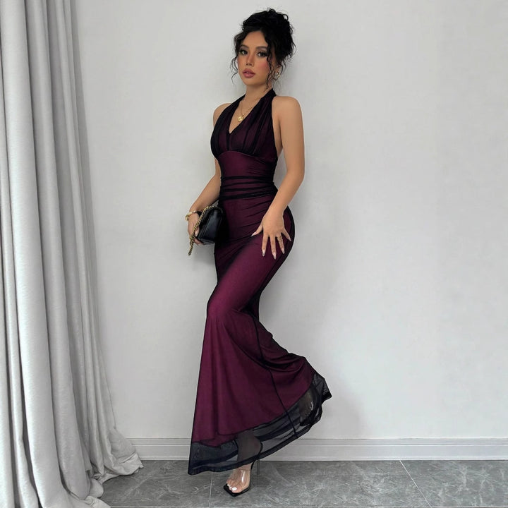 Damen Elegantes Maxikleid mit tiefem V-Ausschnitt und taillierendem Schnitt Drune