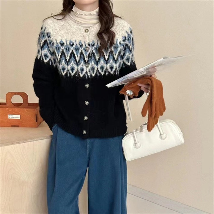 Damen Grobstrick Cardigan mit geometrischem Fair-Isle-Muster und eleganter Knopfleiste Drune
