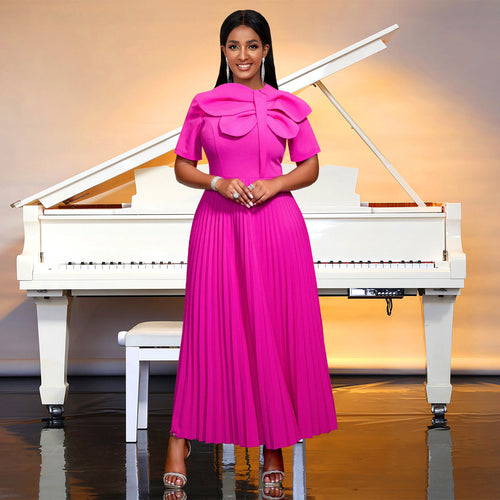 Damen plissiertes Maxikleid mit voluminösem Schleifenkragen Drune