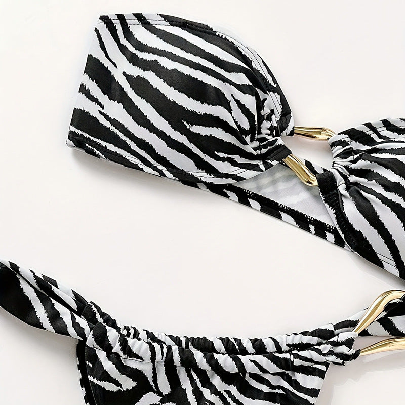Damen Bandeau-Bikini-Set mit elegantem Streifenmuster und modischem Goldakzent Drune