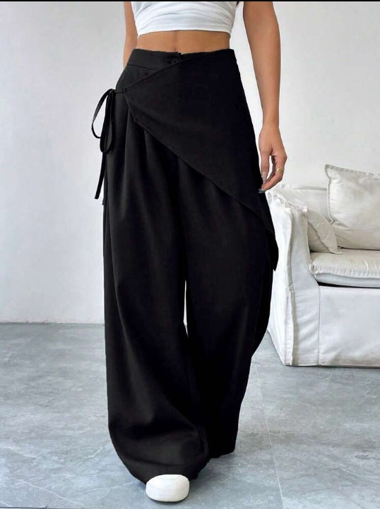Damen modische Wickelhose mit weitem Bein und seitlichem Bindegürtel Drune