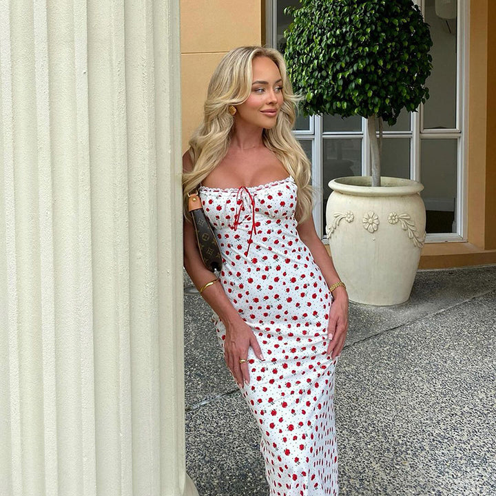 Damen Blumen-Midikleid mit verstellbaren Spaghettiträgern und eleganter Raffung Drune