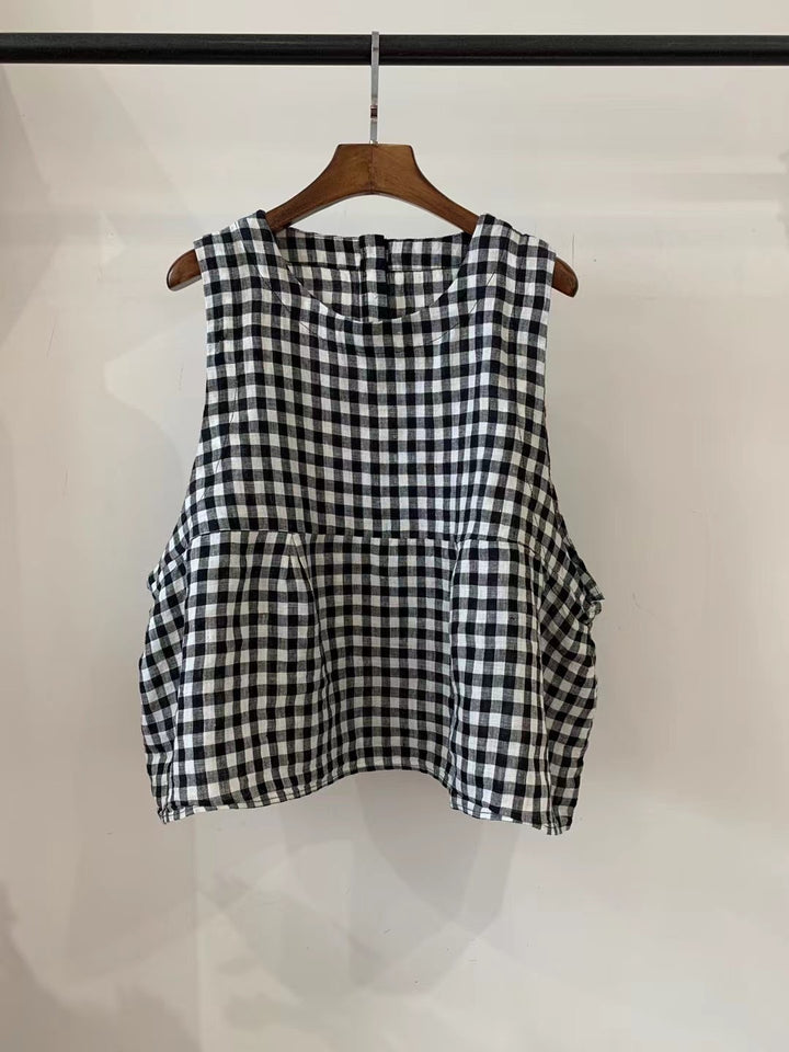 Damen Relaxed Fit Ärmelloses Leinenoberteil mit Seitentaschen Drune