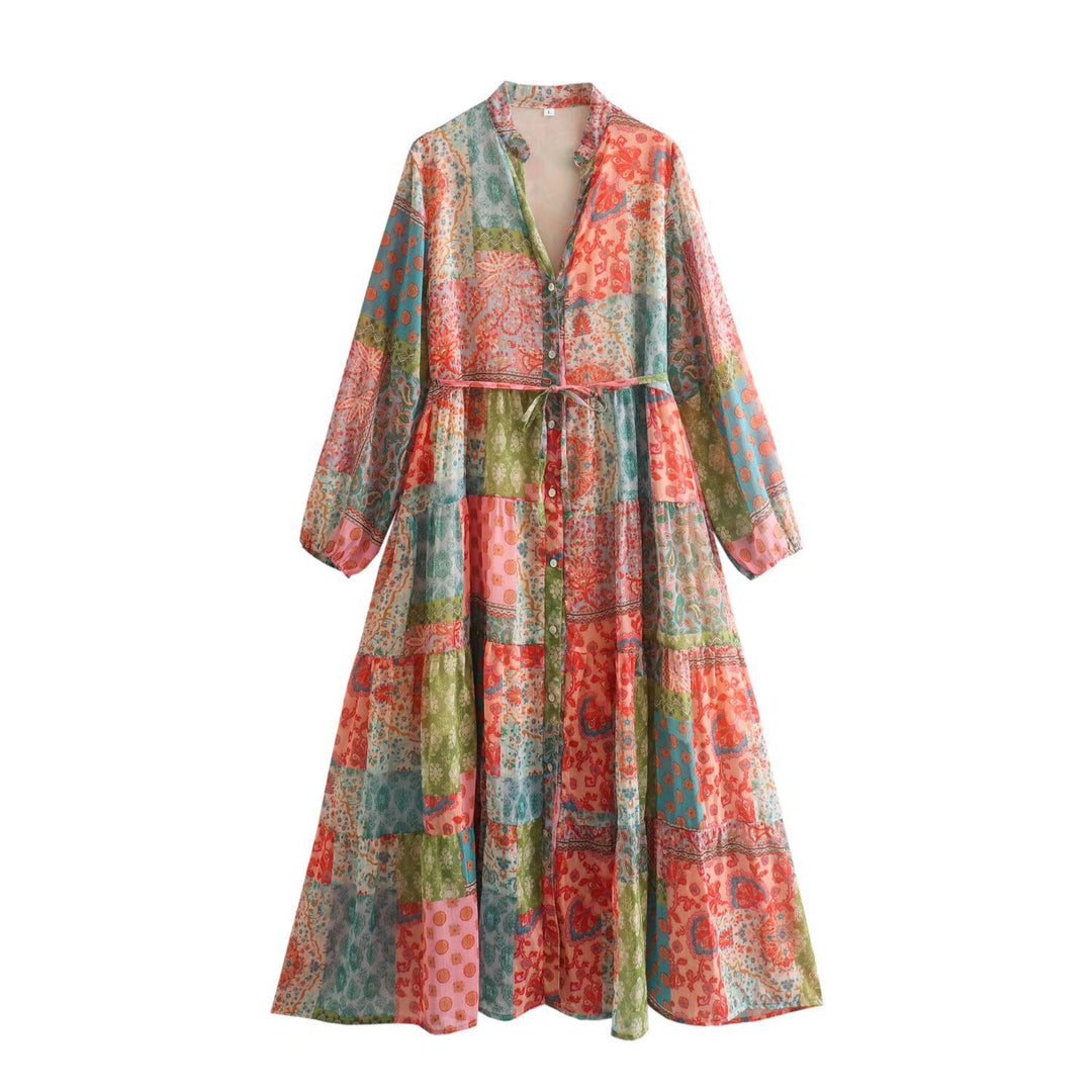 Damen Maxikleid mit Paisley‑Print, V‑Ausschnitt, Taillenband und Stufenrock Drune