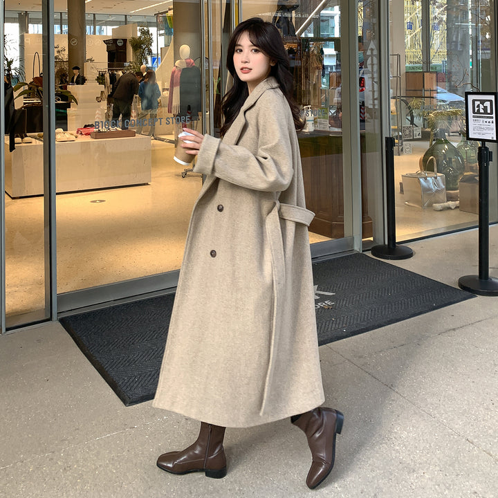 Damen Lang geschnittener Wollmix-Trenchcoat mit Taillenband und kastiger Schulterpartie Drune
