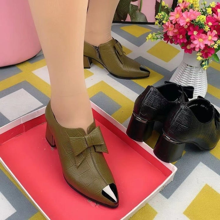 Damen nan elegante Pumps mit spitzer Metallkappe, dekorativer Schleife, seitlichem Reißverschluss und mittelhohem Blockabsatz Drune