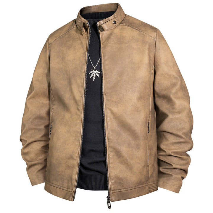 Herren Vintage-Lederoptik-Bomberjacke mit Stehkragen und Reißverschluss Drune