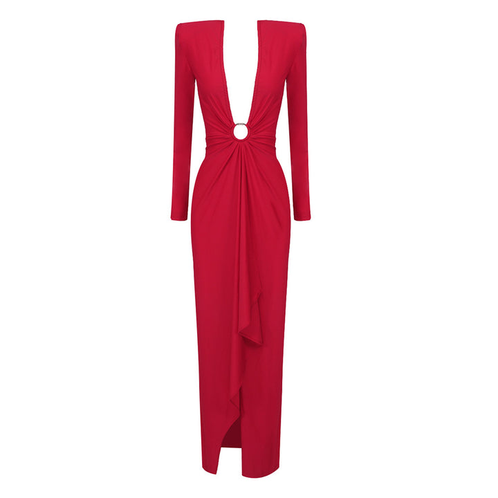 Damen Elegantes Abendkleid mit tiefem V-Ausschnitt und gefalteten Ärmeln Drune