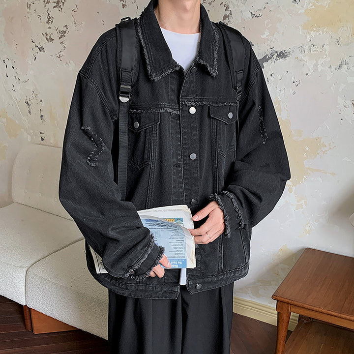 Herren Oversize Jeansjacke mit Used‑Look, ausgefransten Kanten und Druckknöpfen Drune