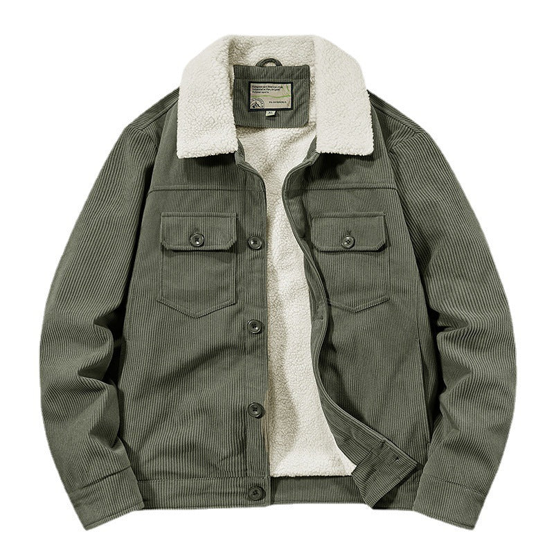 Herren Cord-Workjacke mit Sherpa-Innenfutter, Reverskragen und Druckknopfleiste Drune