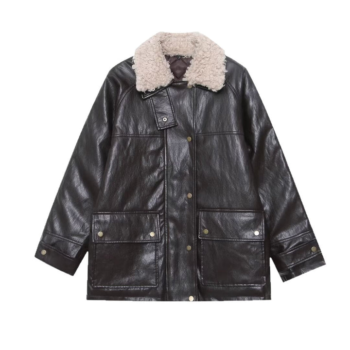 Damen Oversized Kunstleder-Fieldjacke mit abnehmbarem Teddykragen und aufgesetzten Pattentaschen Drune