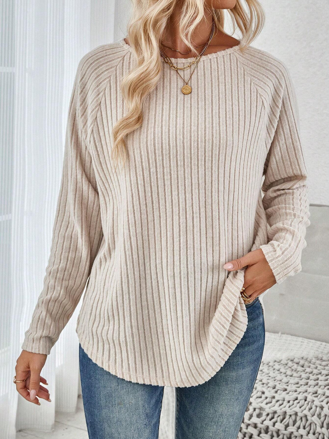 Damen Gerippter Longline-Pullover mit Raglanärmeln und abgerundetem Saum Drune