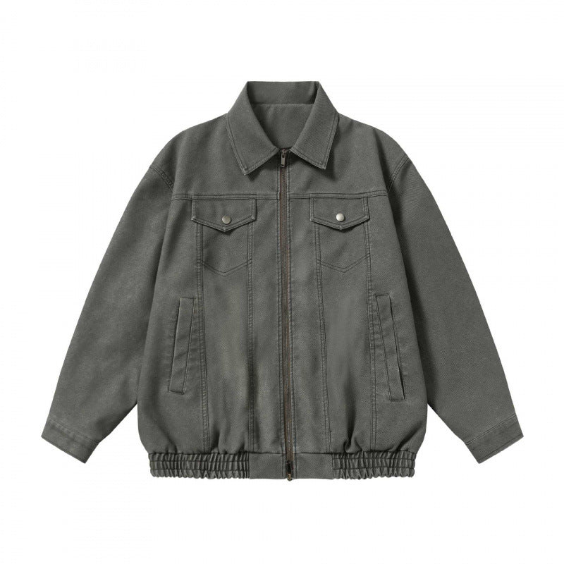 Unisex Boxy-Jeansjacke im Worker-Look mit durchgehendem Reißverschluss, Hemdkragen und elastischem Saum Drune
