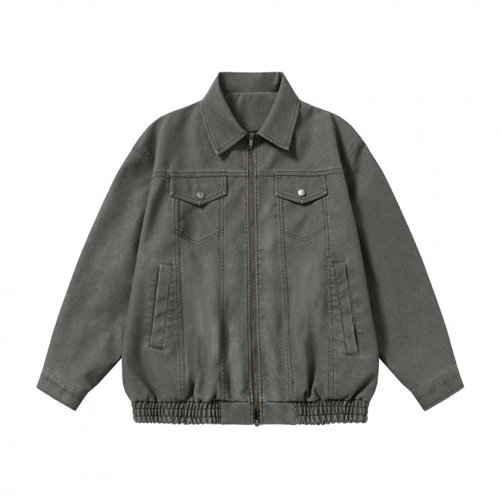 Unisex Boxy-Jeansjacke im Worker-Look mit durchgehendem Reißverschluss, Hemdkragen und elastischem Saum Drune