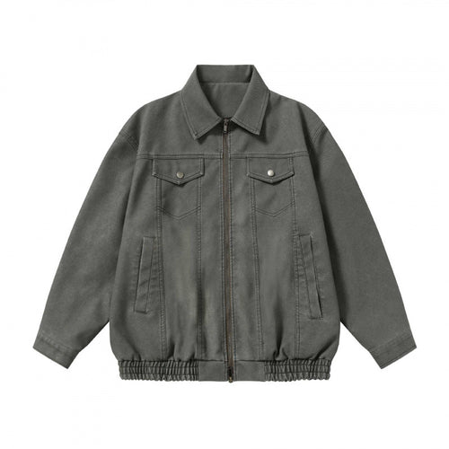 Unisex Boxy-Jeansjacke im Worker-Look mit durchgehendem Reißverschluss, Hemdkragen und elastischem Saum Drune
