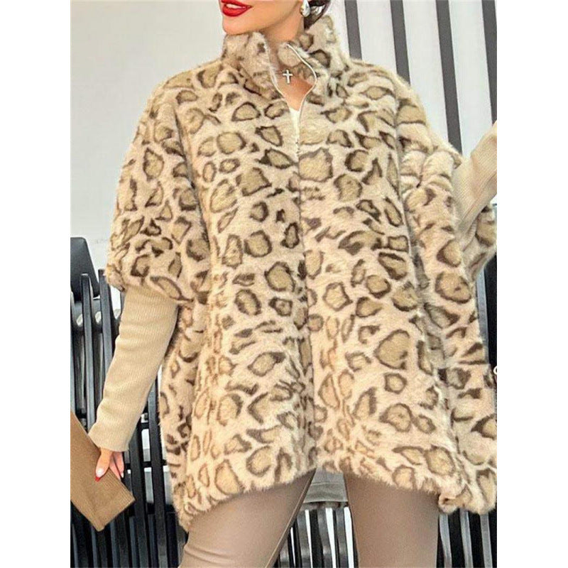 Damen Elegante Plüschjacke mit Leopardenmuster und hohem Kragen Drune