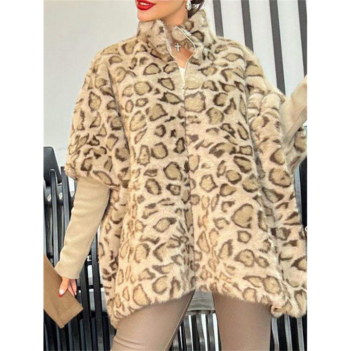 Damen Elegante Plüschjacke mit Leopardenmuster und hohem Kragen Drune