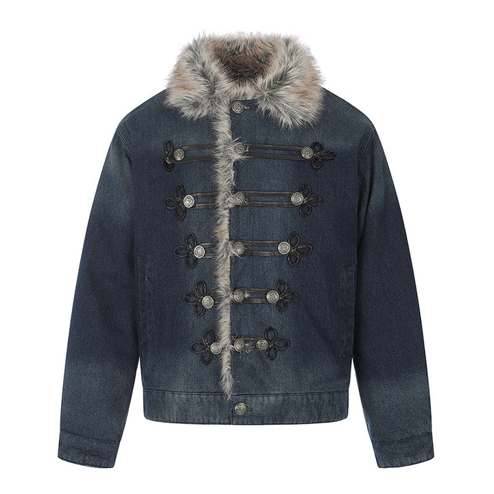 Damen Jeansjacke mit Kunstfellkragen und militärischen Zierknöpfen Drune