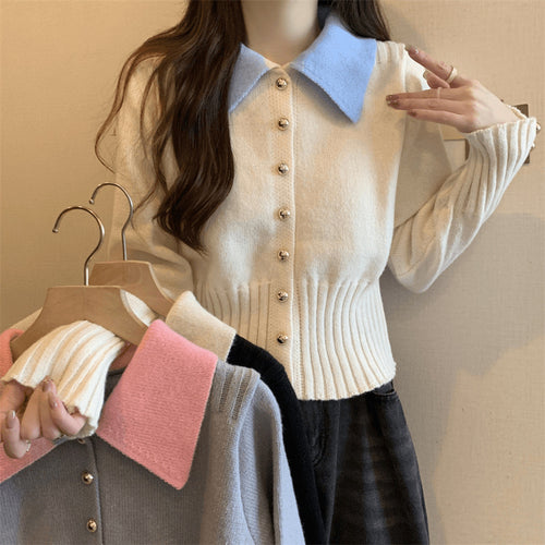 Damen Eleganter Strickpullover mit Kragen und Knopfdetails Drune