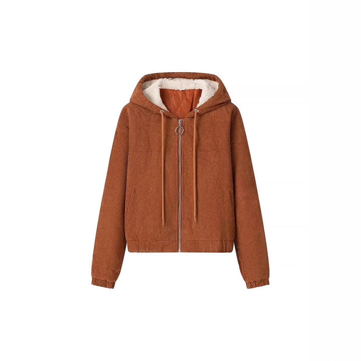 Damen Kurz geschnittene Cordjacke mit Kapuze, Teddyfutter und durchgehendem Reißverschluss Drune