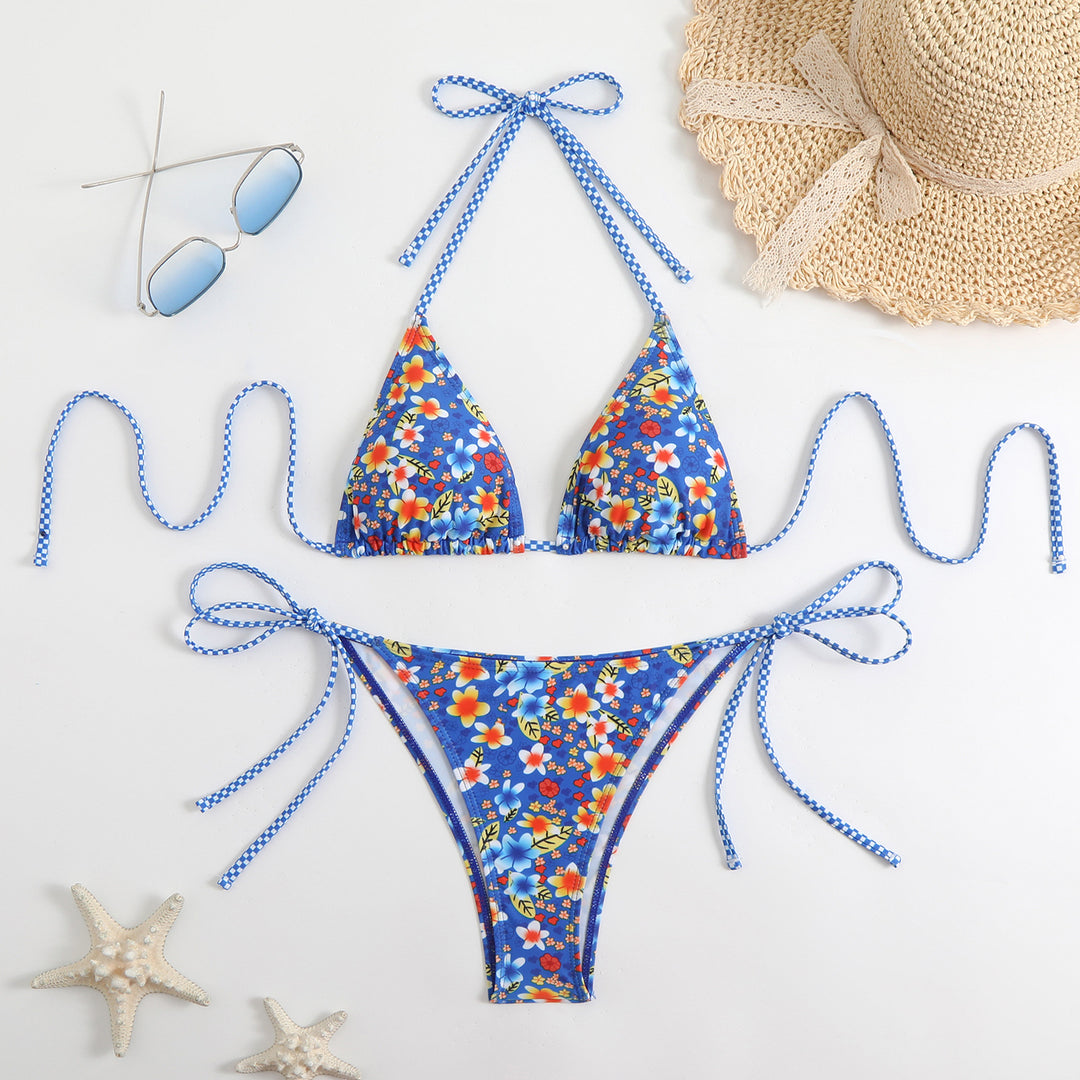 Damen Triangel-Bikini mit verspieltem Blumenmuster und Bindebändern Drune