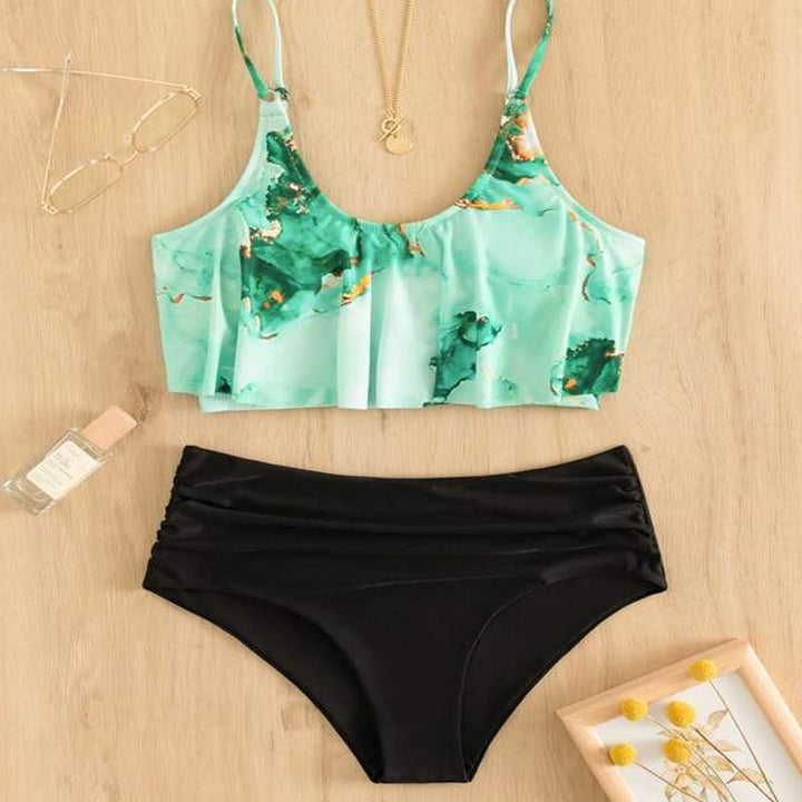 Damen Sportlicher Bikini mit floralen Rüschen Drune