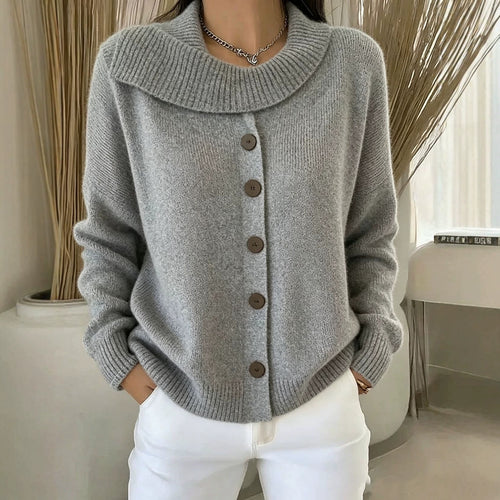 Damen Kuscheliger Knopf-Cardigan mit breitem Rollkragen und gerippten Bündchen Drune