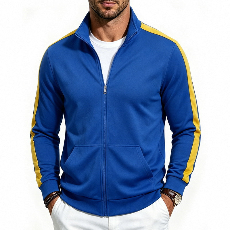 Herren Sportliche Zip-Trackjacke mit Stehkragen, Kontraststreifen an den Ärmeln und Kängurutaschen Drune
