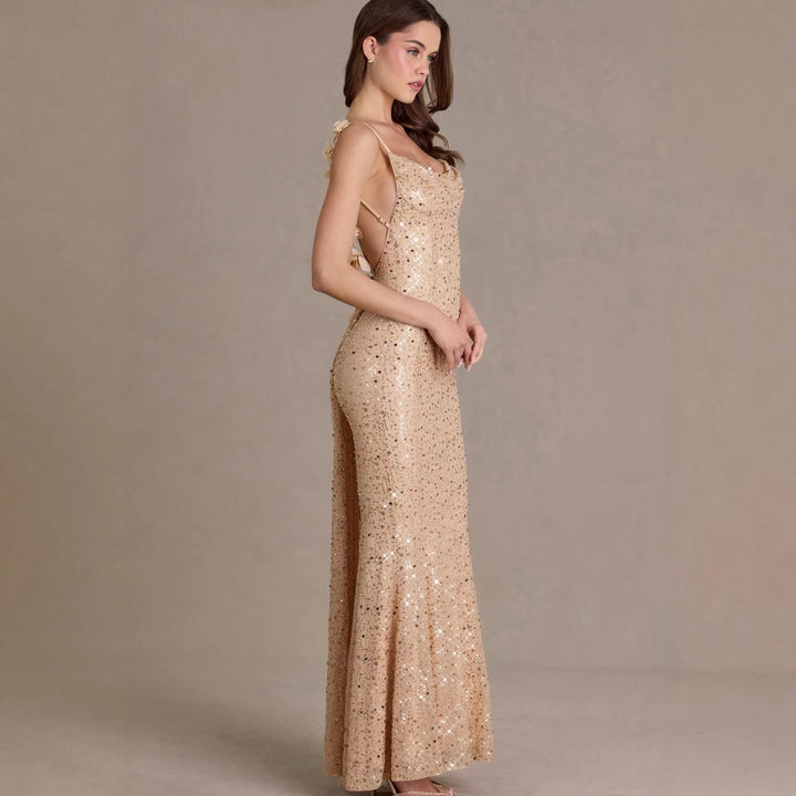 Damen elegantes Pailletten-Maxi-Kleid mit schickem Wasserfallausschnitt und figurbetonter Silhouette Drune